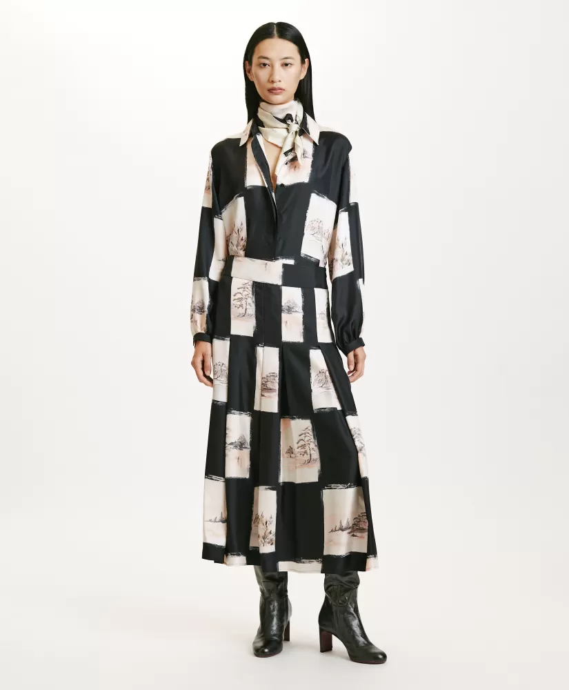 GONNA HARUKA IN TWILL DI SETA STAMPATO-MULTICOLORE NERO-Momoni New