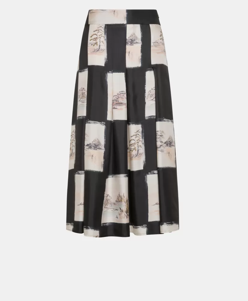 GONNA HARUKA IN TWILL DI SETA STAMPATO-MULTICOLORE NERO-Momoni New